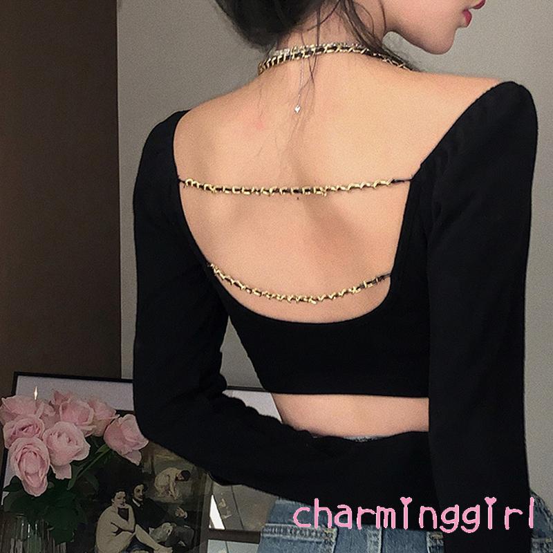 QAQ-Women´s Crop Tops Chain Halter Shoulder Cutout Long Sleeve Irregular Hem Slim Fit Short Tops
