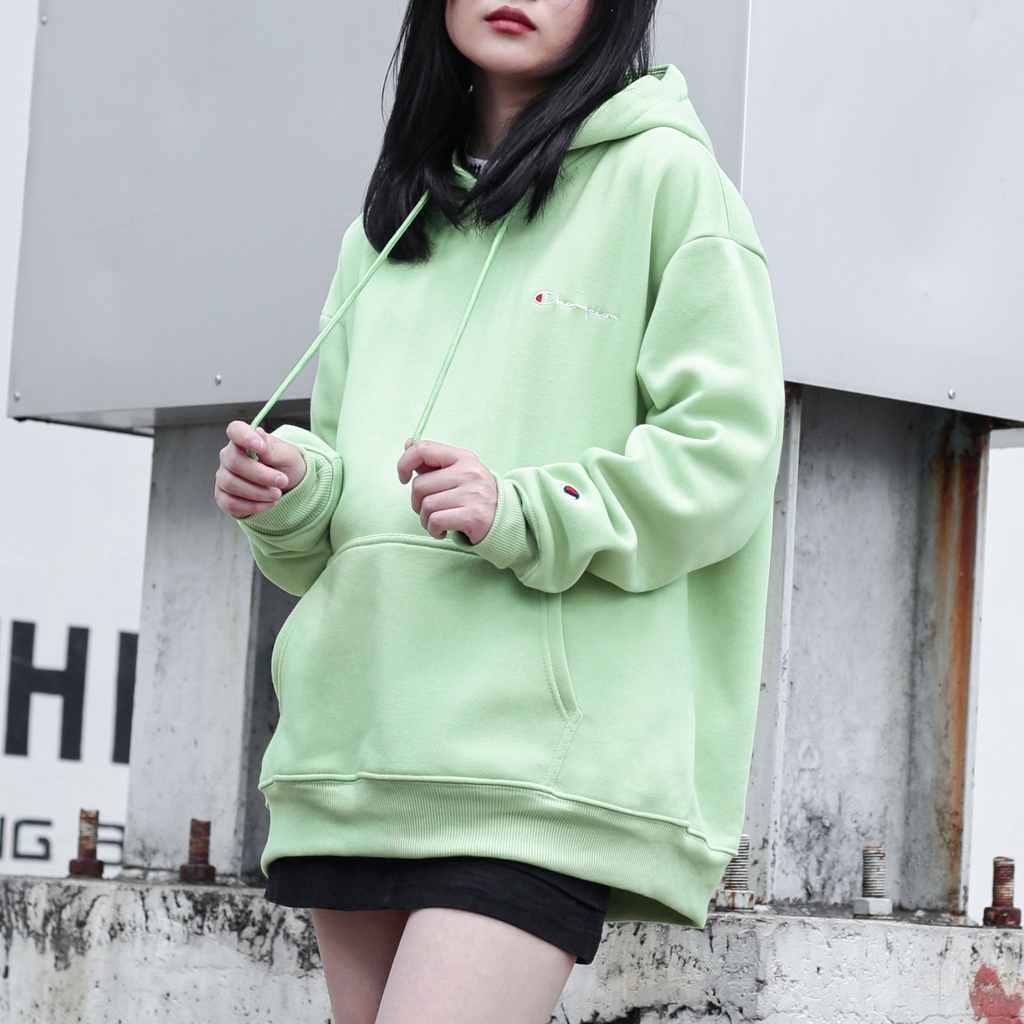 Áo Hoodie Màu Xanh Mint Thêu Logo Champion Sắc Nét Phía Trước Chất Liệu Nỉ Bông Cotton-Form Rộng Rãi Unisex Nam Nữ