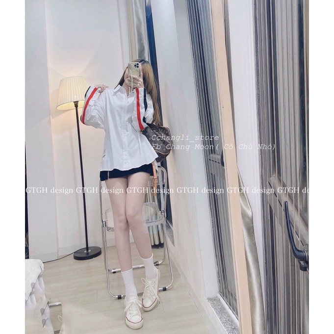 ÁO SƠMI TRẮNG CHẠY VIỀN TAY VÀ LƯNG XANH ĐỎ HOT HIT DÁNG OVERSIZE