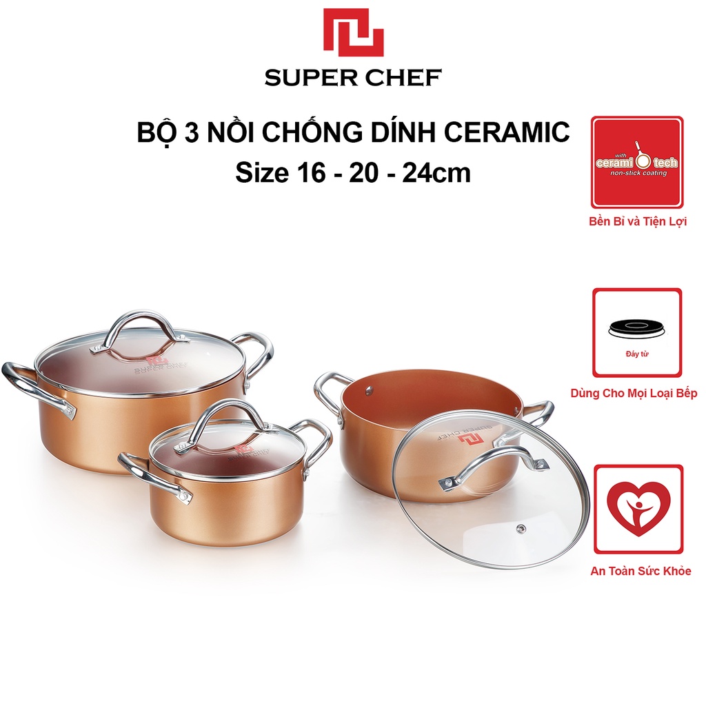 Bộ 3 Nồi Canh Chống Dính Super Chef Đáy Từ Siêu An Toàn, Siêu Bền( 162024cm)