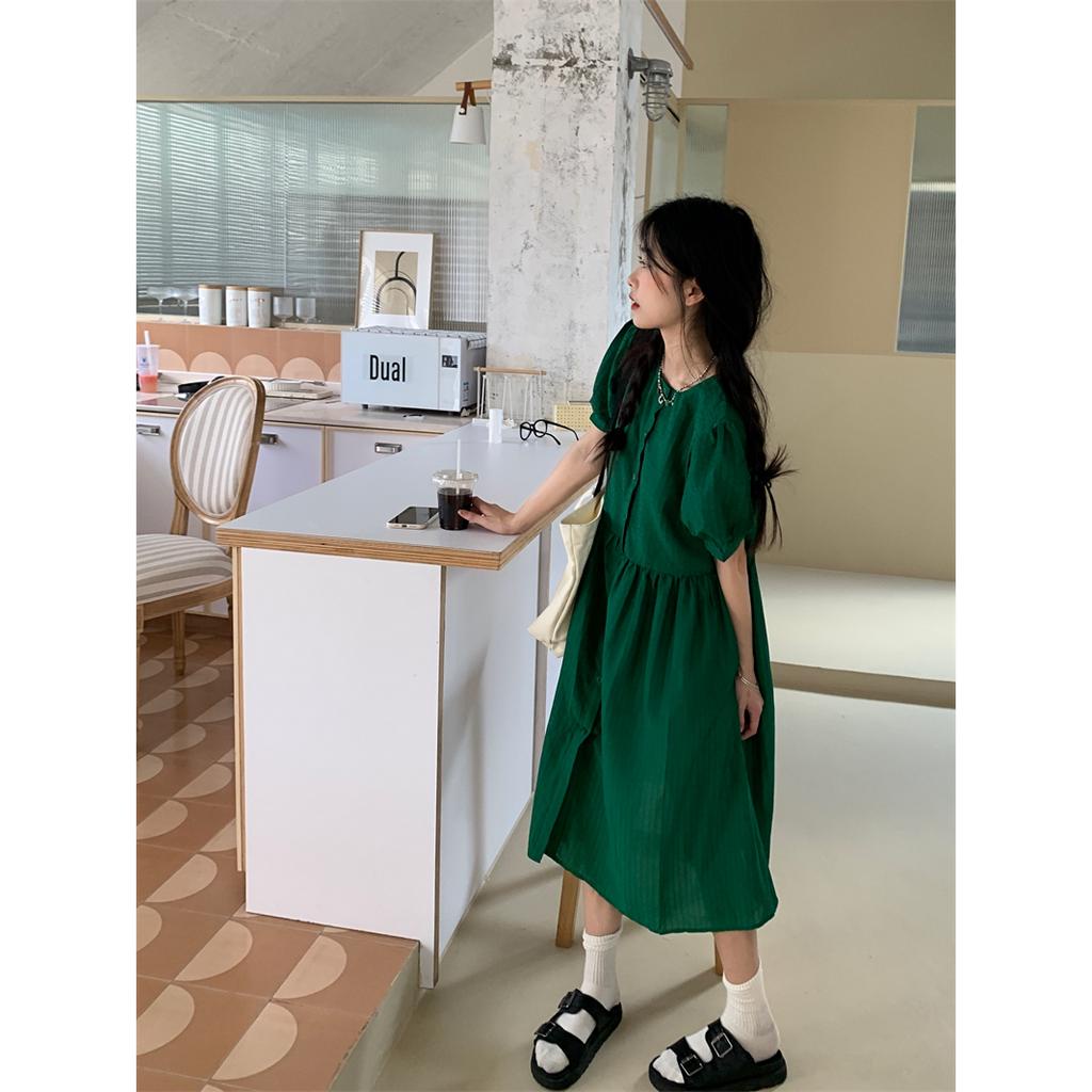 𝗺𝗶𝗲 𝘀𝘁𝘂𝗱𝗶𝗼 - Đầm xanh đậm tay ngắn dáng babydoll cổ tròn dáng freesize