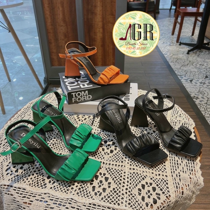 Sandal bản nhún da mềm gót tam giác 10cm siêu hot