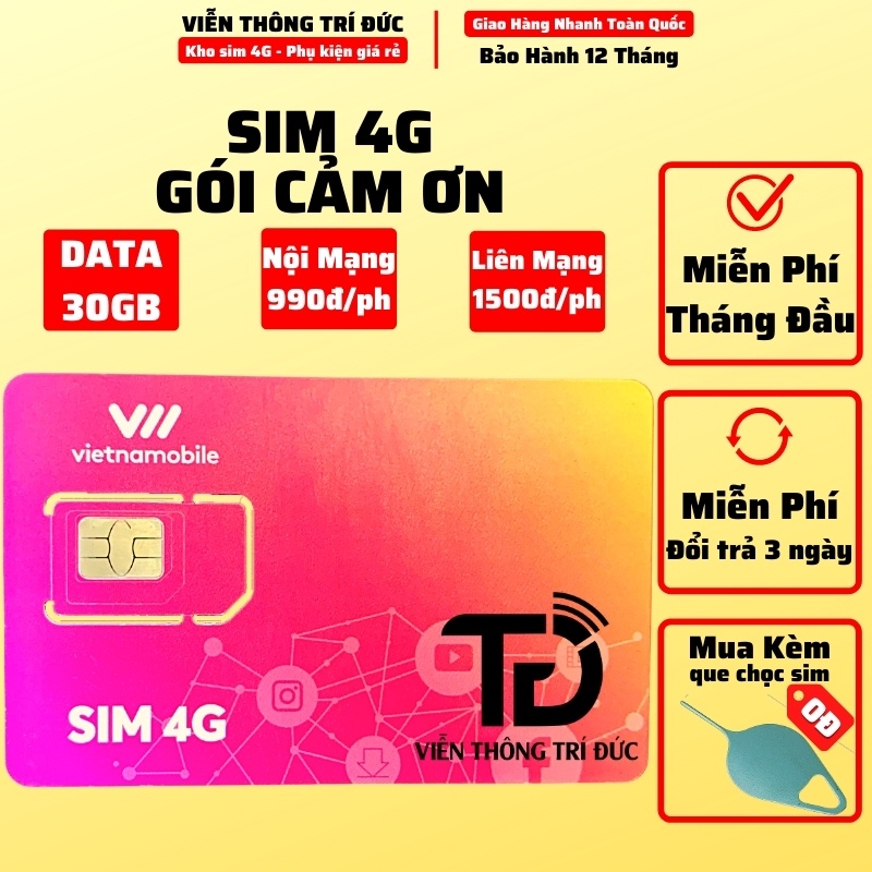 Sim 4G Vietnamobile Gói Cảm Ơn Data 30Gb/tháng - Không giới hạn tốc độ thường - Miễn Phí Tháng Đầu - Gọi & Nhắn tin rẻ