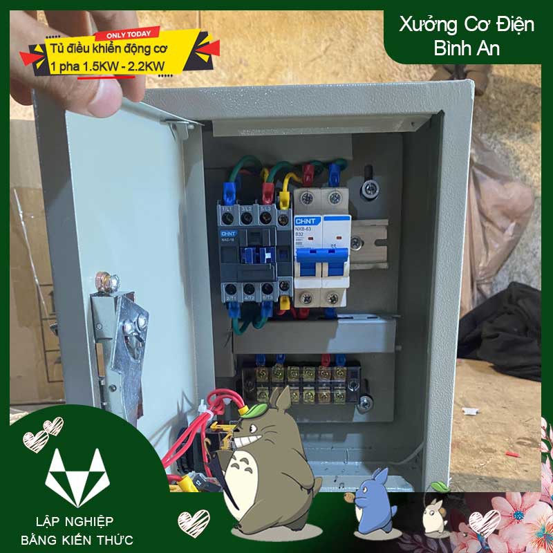 Tủ điều khiển bật tắt động cơ điện 1 pha công suất 1.5kw đến 2.2kw sử dụng điện sinh hoạt 220V