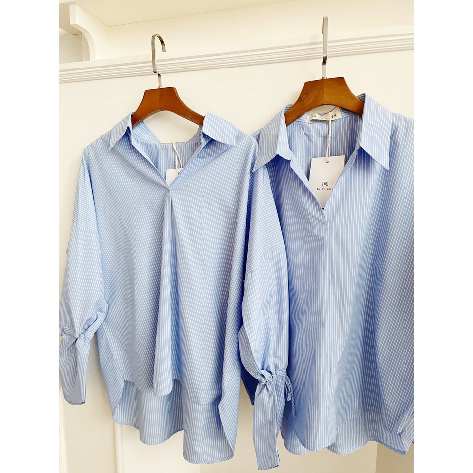 TUBYCATU | Áo sơ mi sọc xanh tay cột dây
