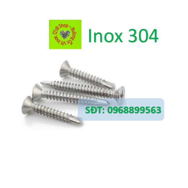 Vít tự khoan đầu bằng inox, inox 304, vít phá đầu bằng, vít đuôi cá đầu bằng