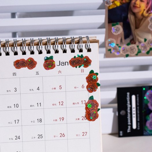 Set 2 tấm hình dán hoa hồng lấp lánh trang trí sổ lưu niệm