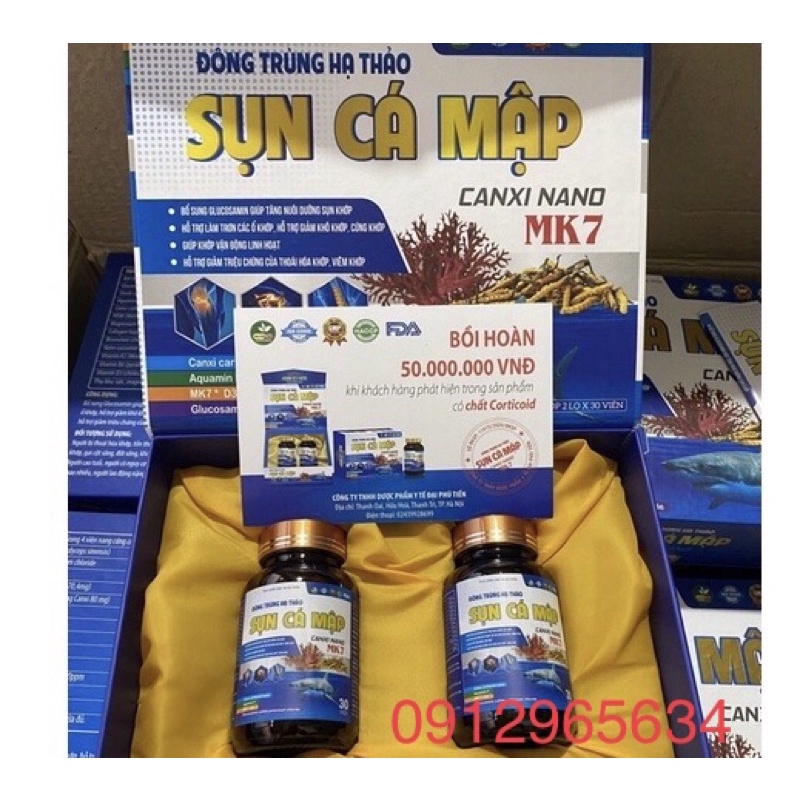 2 lọ Đông trùng hạ thảo Sụn cá mập canxi nano MK7 bổ sung dinh dưỡng cho xương khớp hiệu quả an toàn