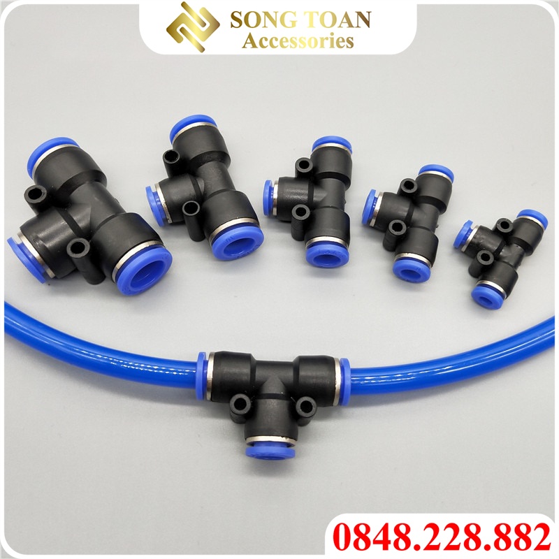Tê Nối Nhanh 1 Chạm & PE T Chia 3 Hướng - Cắm Đường Kính Ngoài Ống Phun Sương & Dây Hơi PU Khí Nén 6 8 10 12 16 mm