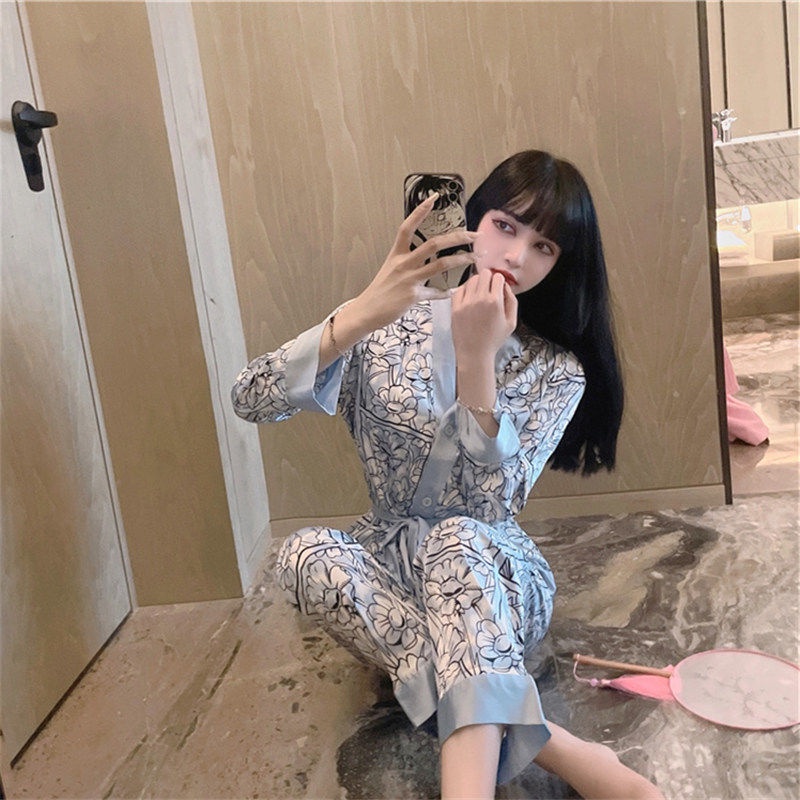 Bộ đồ ngủ tay dài chất liệu lụa lạnh sang trọng phong cách Pháp thời trang cho nữ