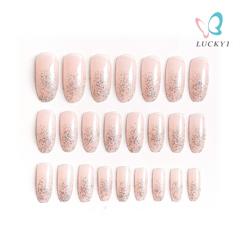 24pcs Nails Patch Glue Type Shiny Long Paragraph Fashion Removable Manicure Patch False Nails Save Time Nail Patch