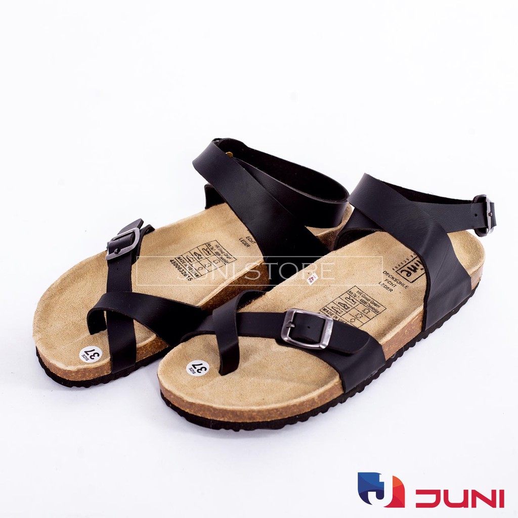 [DA PU/CHỐNG NƯỚC] PU16-Dép da sandal cao cổ Unisex, Màu đen, đế trấu Bioline Birken- Xuất khẩu châu Âu - Juni Store