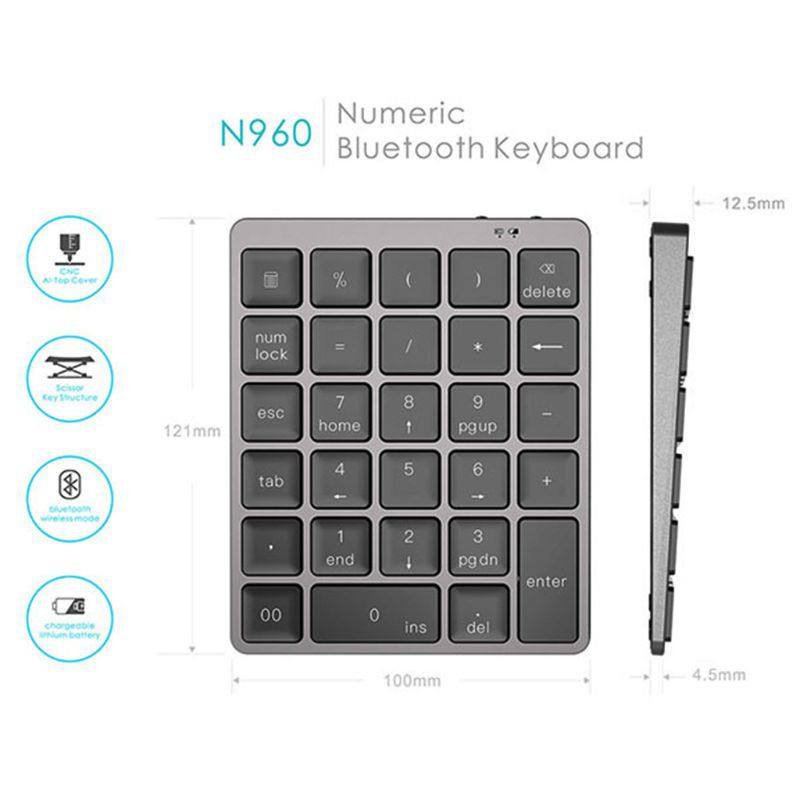 Bàn Phím Số Mini 28 Phím Không Dây Bluetooth Bằng Hợp Kim Nhôm Siêu Mỏng Có Thể Sạc Lại