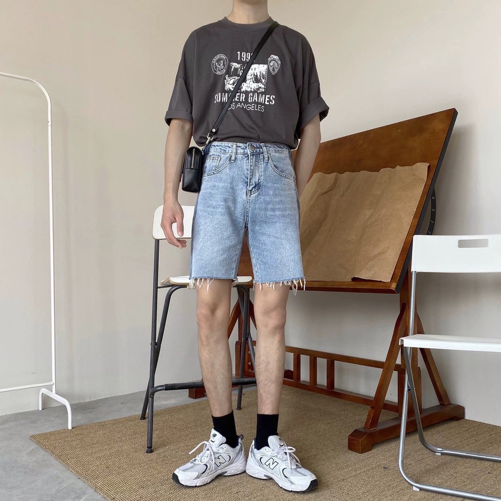 Quần short jean unisex Viền Đậm lai tua rua