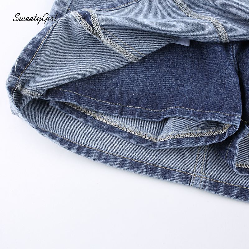 Chân váy denim eo cao xẻ tà có túi phong cách đường phố thời trang nữ