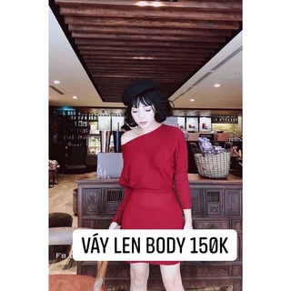 Váy len tay bồng lệch vai body