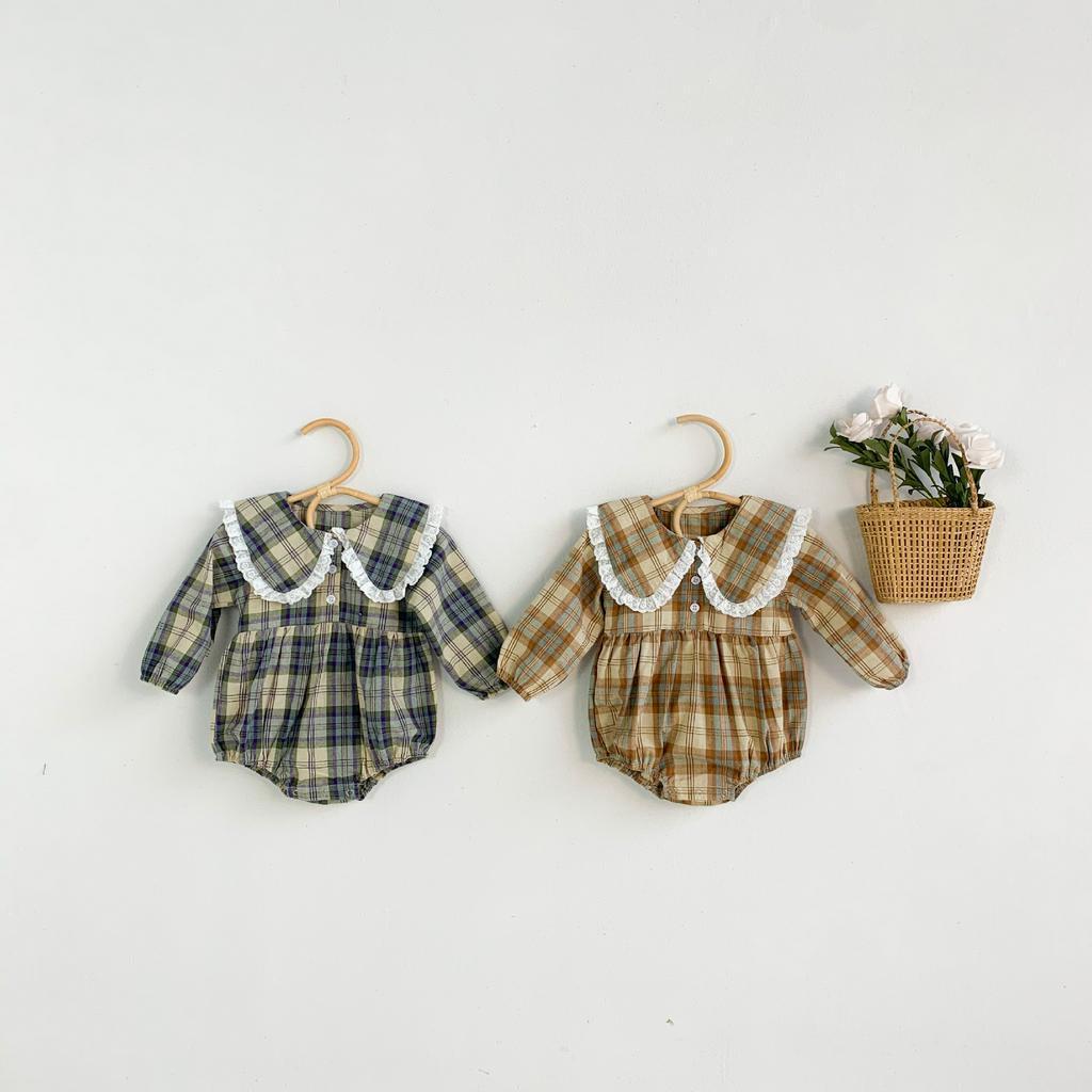 Bộ Áo Liền Quần Tay Dài Vải Cotton Họa Tiết Sọc Caro Thời Trang Mùa Thu Cho Bé Gái