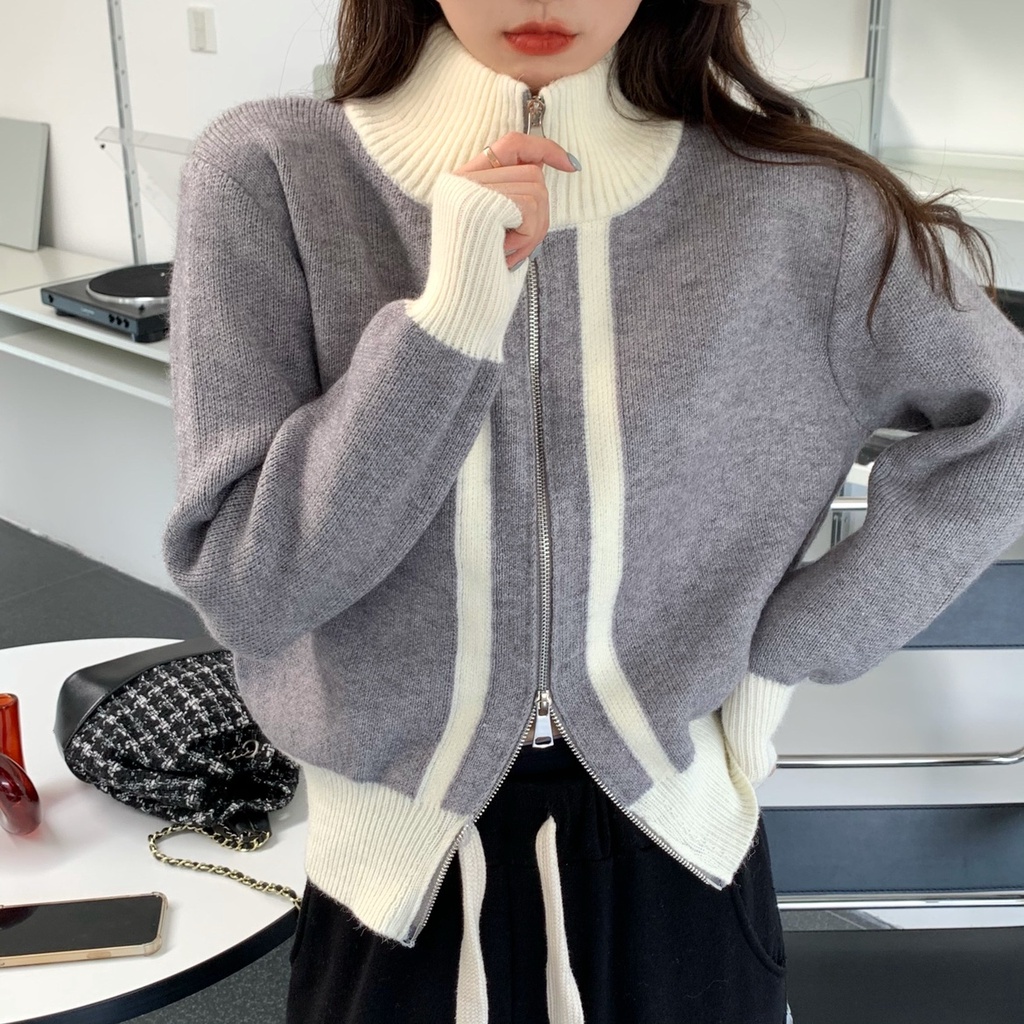 ZHELIHANGFEI Áo Khoác Cardigan Dệt Kim Cổ Cao Dài Tay Phối Khóa Kéo Thời Trang