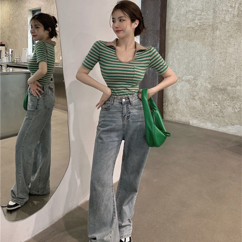 Áo Thun Tay Ngắn Cổ Chữ u Họa Tiết Kẻ Sọc Thời Trang Cho Nữ