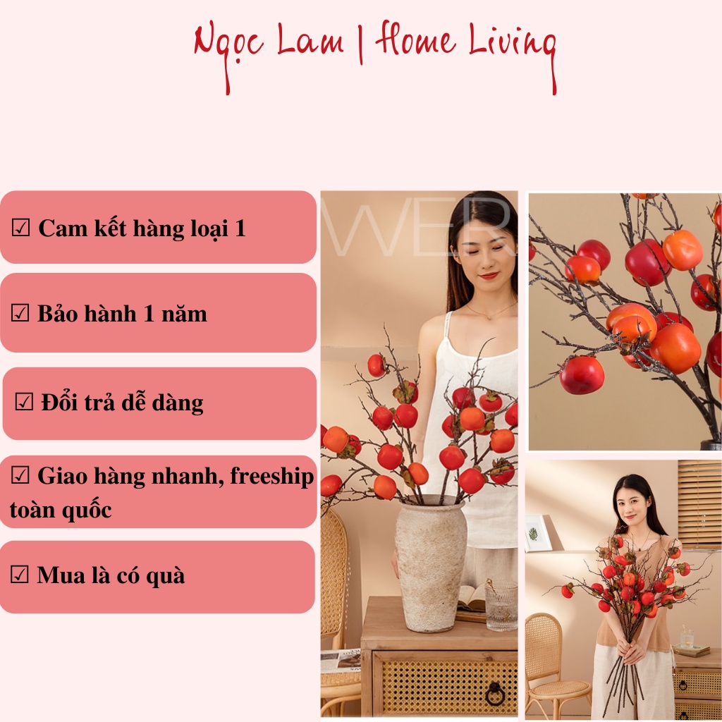 Cành quả hồng giả chất liệu cao cấp 6 quả màu sắc tự nhiên trang trí phòng ngủ phòng khách quán cafe nhà hàng