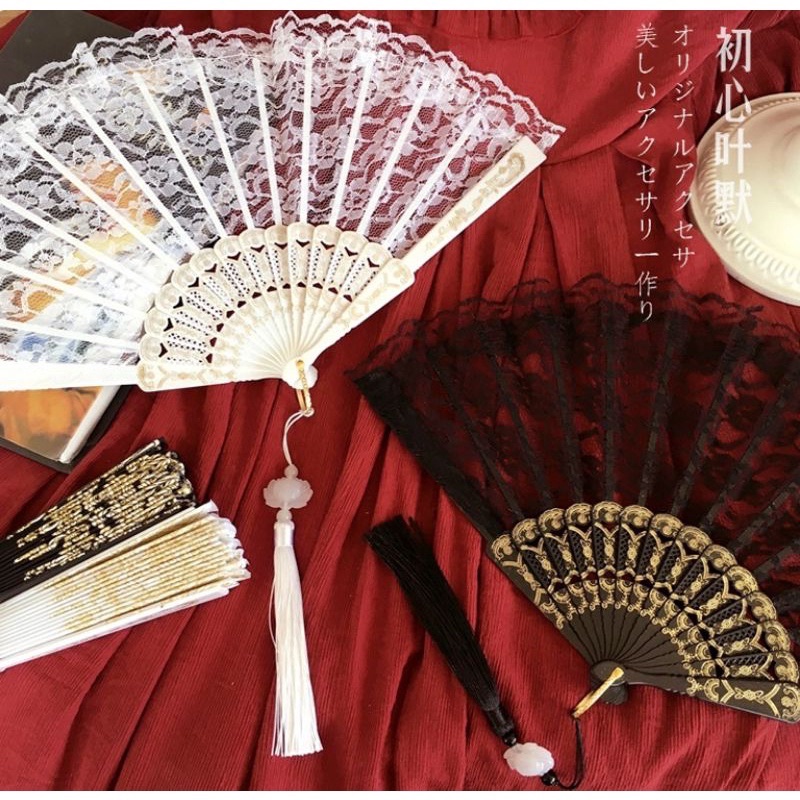 💥💥Quạt Xếp Cầm Tay Bằng Vải Lụa Phối Ren Họa Tiết Hoa Phong Cách Trung Hoa💥💥