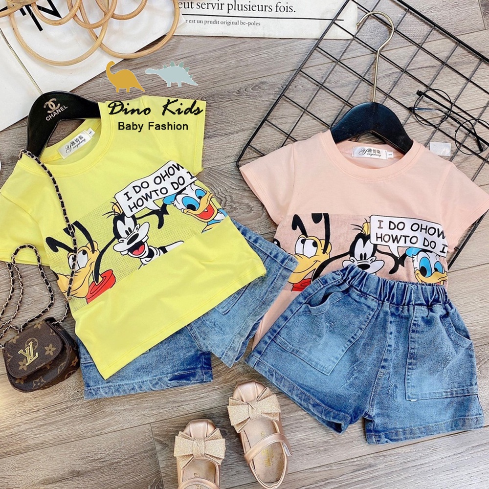 Bộ mùa hè bé gái, bộ áo cotton cộc tay in hình ngộ nghĩnh kèm quần short jean thêu tim xinh xắn cho bé