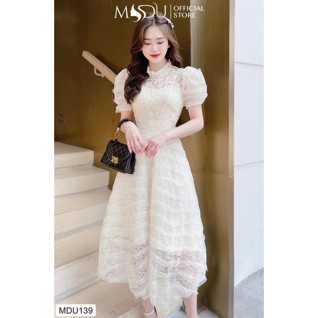 Đầm ren nữ dáng xòe tay bồng tiểu thư trắng MDU139 - THỜI TRANG THIẾT KẾ MDU