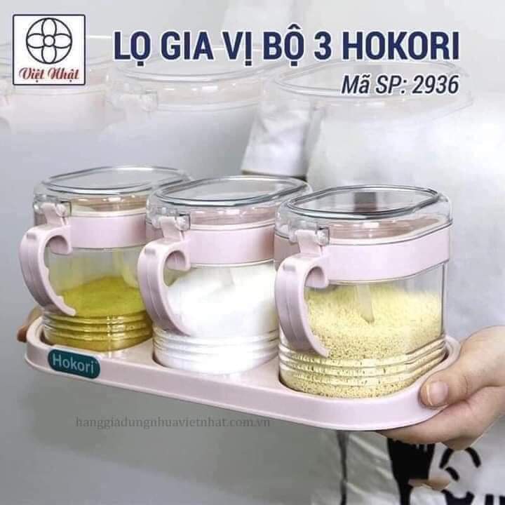 Bộ 3 hũ đựng gia vị Hokori có nắp đậy kèm thìa cao cấp nhựa PP dày dặn bền đẹp sét 3 hũ đựng gia vị việt nhật