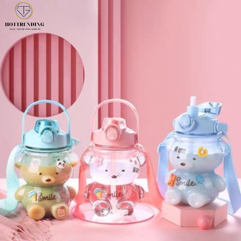 Bình Nước Gấu 1100ml Tặng kèm Sticker 2D, 3D Có Dây Đeo Chéo Kèm Ống Hút Tiện Lợi An Toàn