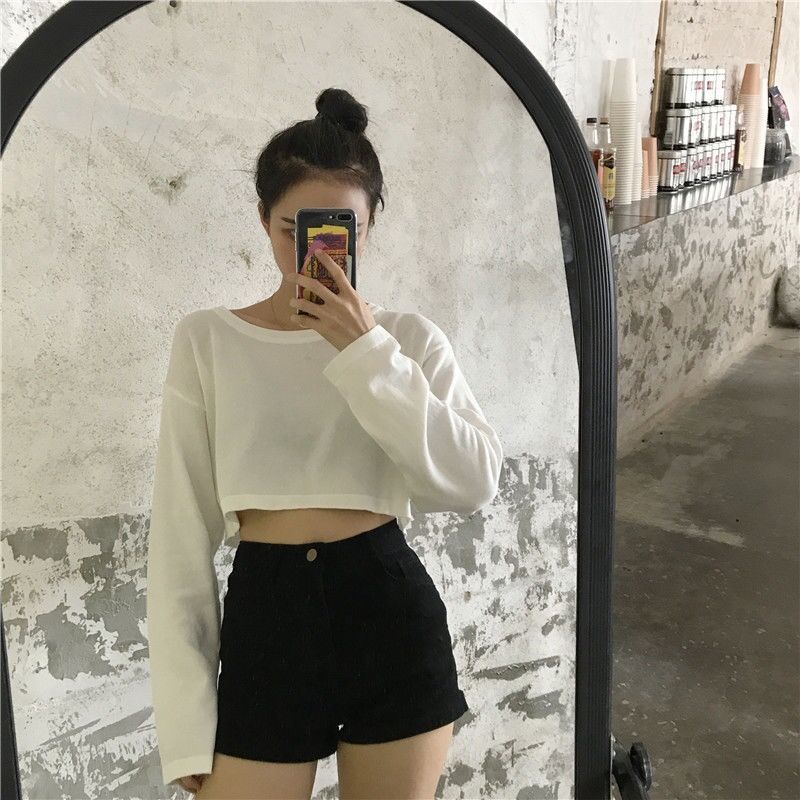 Áo croptop ngắn tay dáng rộng màu trơn xinh xắn cho nữ