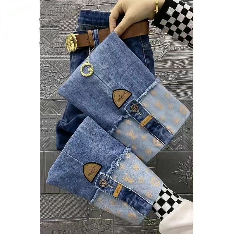 Quần jean ống rộng co giãn lưng cao thêu chân cho phụ nữ vào mùa xuân 2022