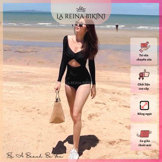 Đồ bơi nữ - Bikini đen liền dài tay kín đáo có đệm nâng ngực cao cấp La Reina (LRBK002)