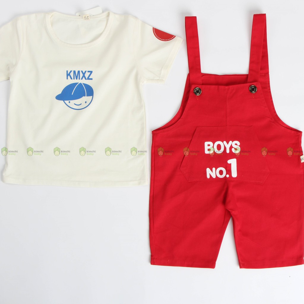 Yếm quần bé trai vải kaki kèm áo thun cotton Boys No.1, set bé trai quần yếm Kimchibaby BBT2101