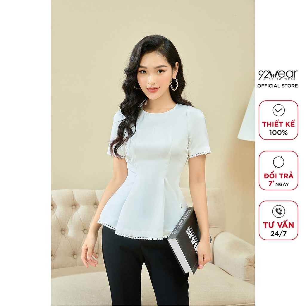 Áo sơ mi kiểu nữ 92WEAR ngắn tay công sở kẹp ren ASA1531