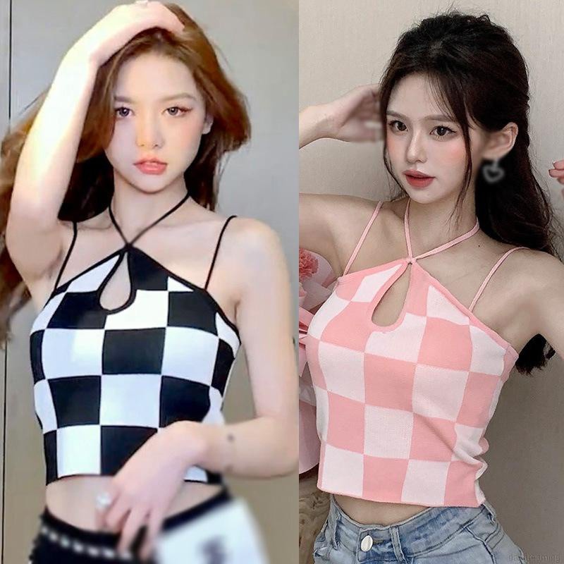 Áo Tank Top Dệt Kim Kẻ Sọc Ca Rô Dáng Ôm Hở Rốn Thời Trang Dành Cho Nữ Áo hai dây và ba lỗ