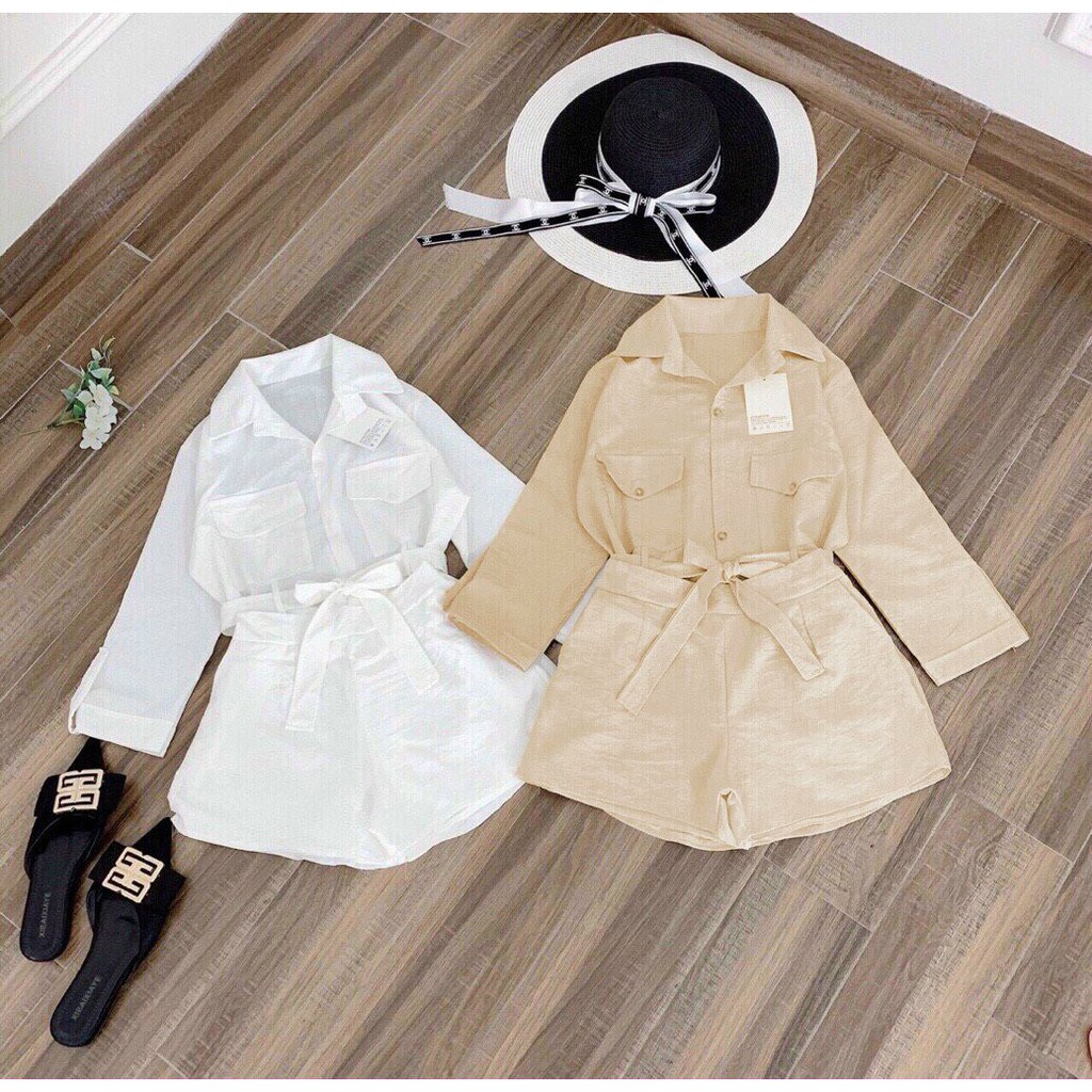 Set Áo Sơ Mi Tay Dài Buộc Nơ Eo Và Quần Ngắn ROSE FASHION