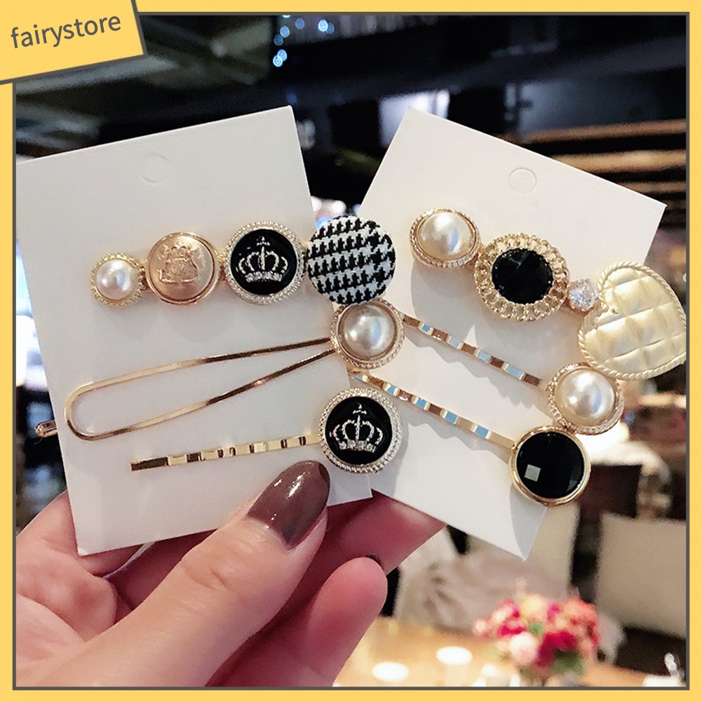 Set 3 kẹp tóc hình vương miện / ngọc trai giả thời trang