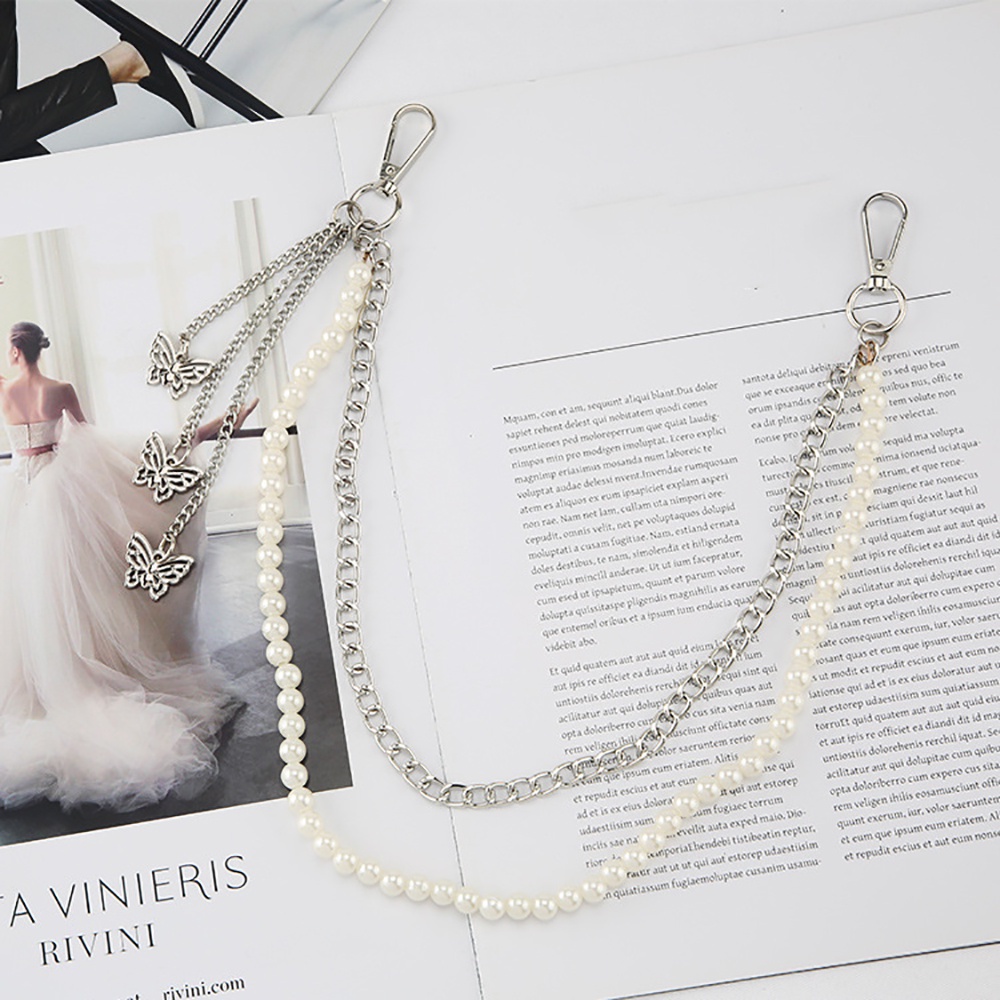 Quần jean phối xích hình bướm và chuỗi ngọc trai thời trang phong cách Punk ấn tượng cho nữ