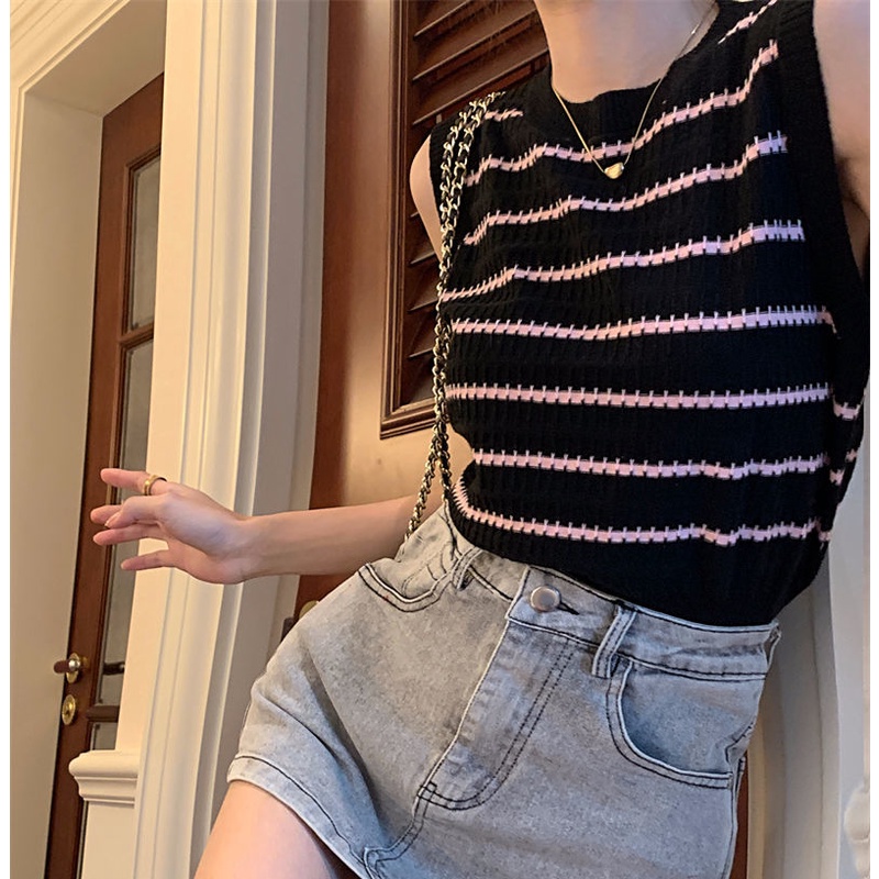 Áo Thun Không Tay Họa Tiết Kẻ Sọc Thời Trang Mùa Hè Cho Nữ