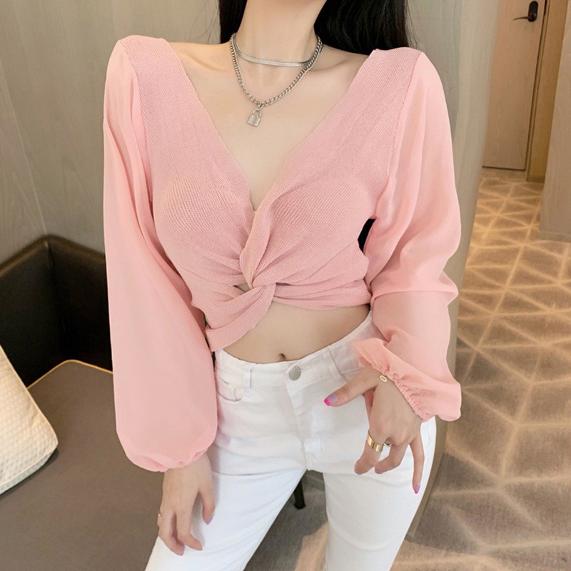 Design V-neck Cross Knotted Knitted Chiffon Stitching Top