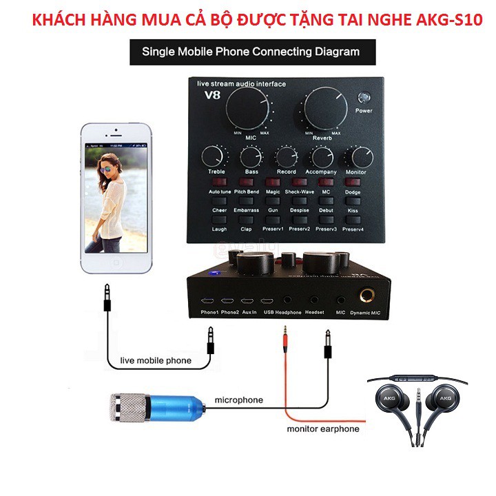 BỘ SOUND CARD V8, COMBO SOUND CARD V8 VÀ MIC BM900 HÁT KARAOKE LIVESTREAM TẶNG TAI NGHE AKG-S10 BẢO HÀNH 6 THÁNG