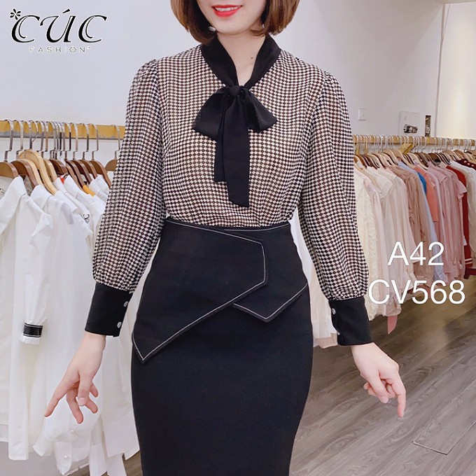 Áo sơ mi nữ công sở cao cấp dài tay thời trang thiết kế Cúc Fashion A42 somi cổ nơ đen