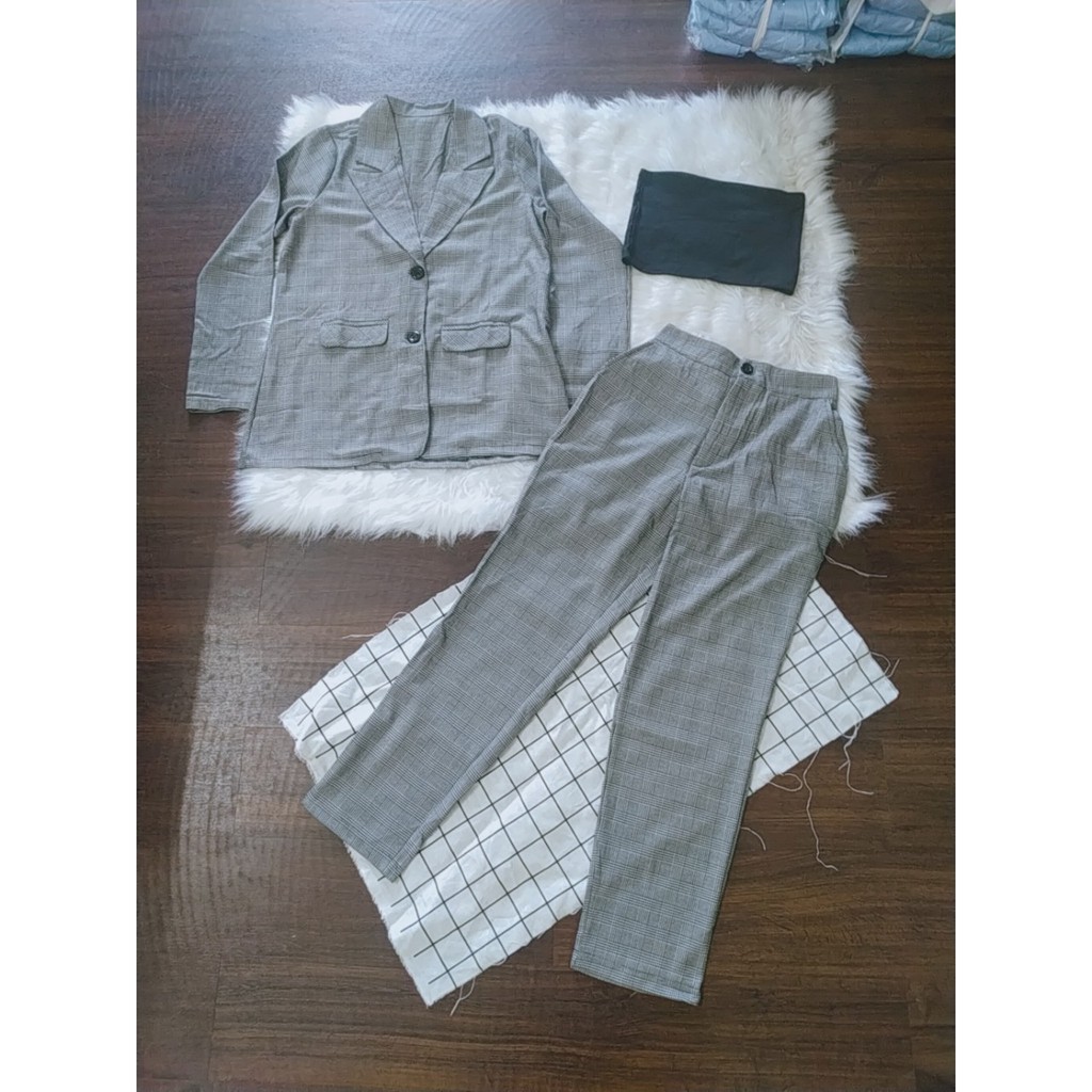 Vest nữ - Freeship - Bộ đồ vest nữ blazer kẻ công sở Hàn Quốc - Set vest nữ áo khoác dáng dài + quần dài sang chảnh