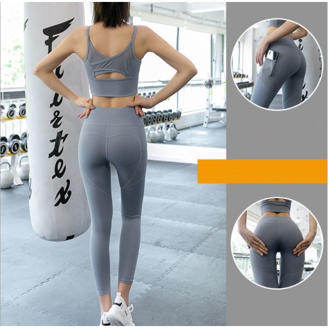 Set quần áo tập Gym Yoga nữ 2 món áo bra phối lưới &amp; quần legging có túi zip tiện dụng S033 GYM FASHION