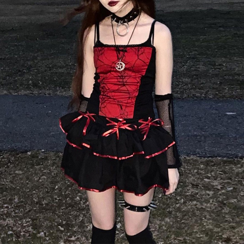 Youyo Chân Váy Chữ A Xếp Ly Lưng Cao Màu Tương Phản Phong Cách Harajuku Goth Punk Lolita Stree Cho Nữ