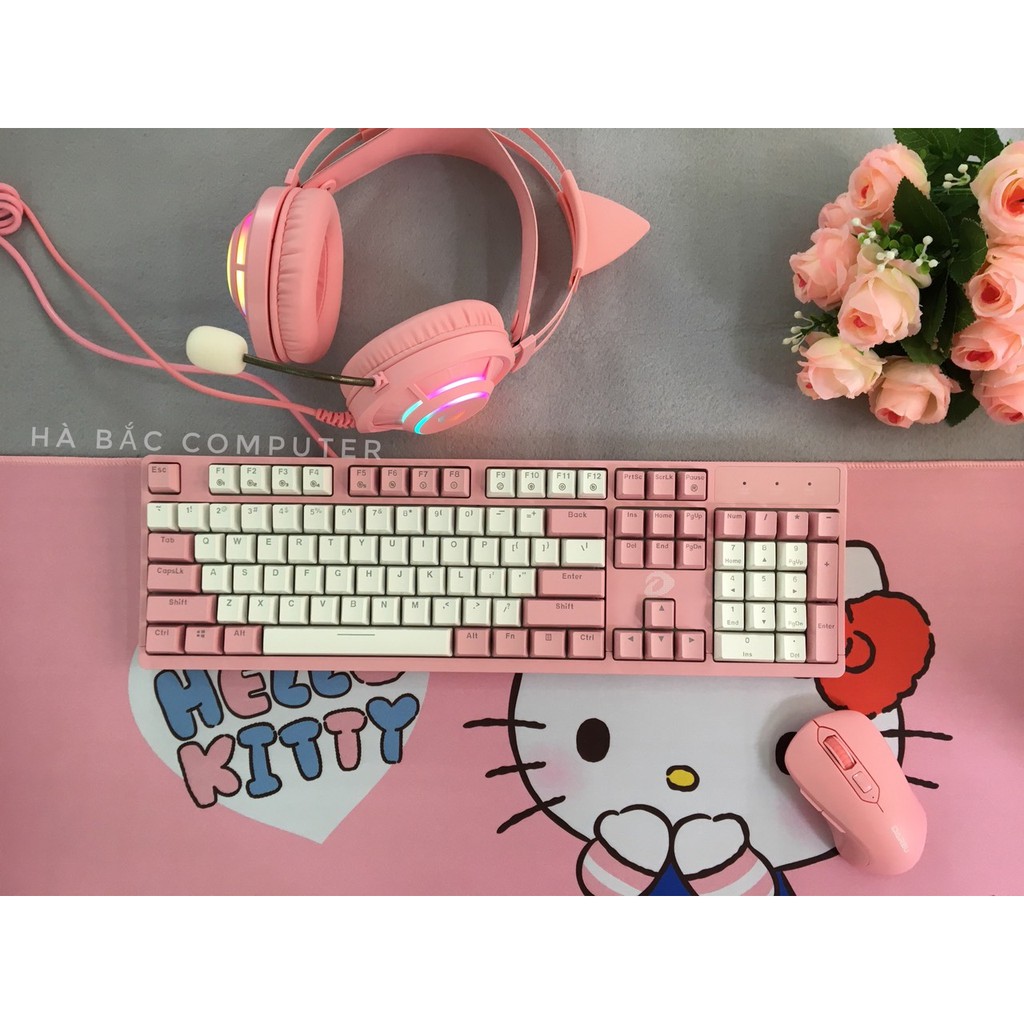 Combo Bàn Phím EK1280 - Chuột LM115G - Tai Nghe EH469 - Lót Di Màu Hồng HELLO KITTY - HÀNG CHÍNH HÃNG