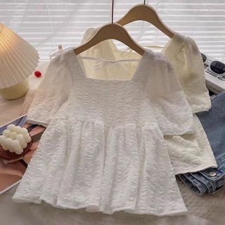  RIM.store  Áo babydoll suông xoè tay phồng dáng chữ A phong cách Pháp nhẹ nhàng điệu đà cổ vuông 