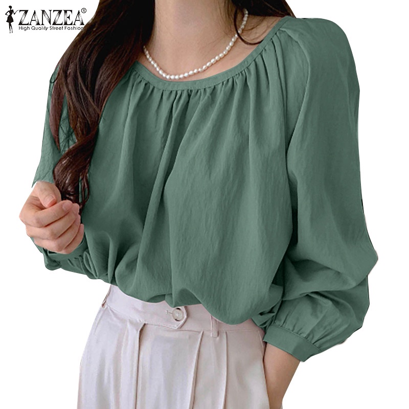 Áo ZANZEA tay dài cổ tròn màu trơn phong cách Hàn Quốc thanh lịch cho nữ