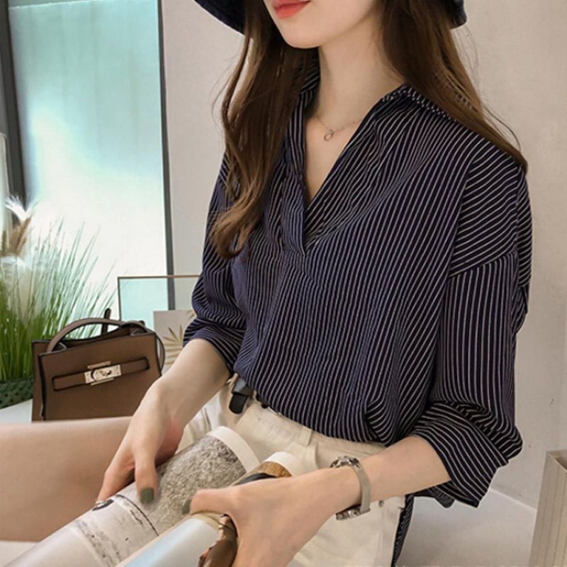 Áo Tay Dài Phối Sọc Cổ V Thời Trang Công Sở Cho Nữ