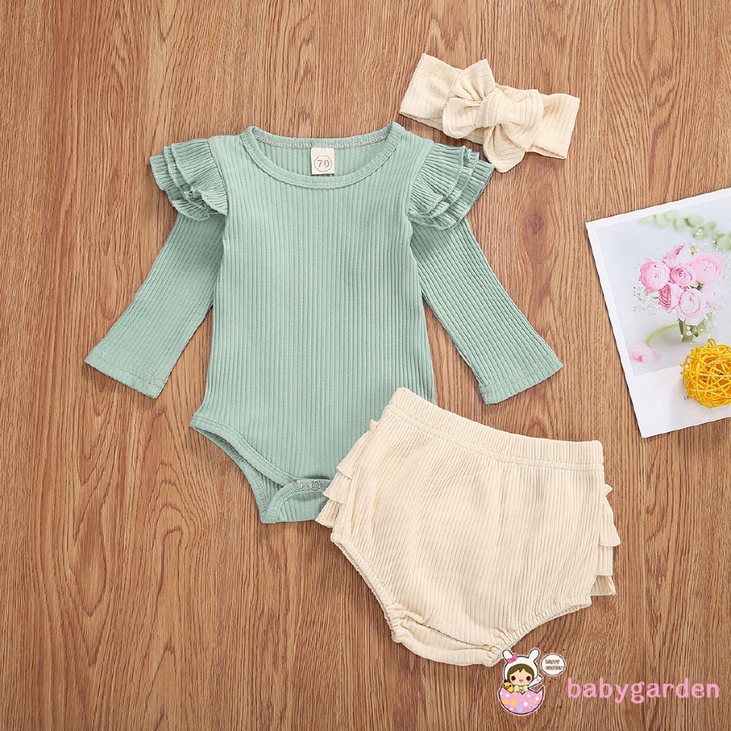 Set Jumpsuit Dệt Kim Tay Dài + Quần Sọt + Băng Buộc Đầu Cho Bé Gái